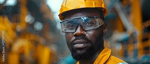 Young male African mine worker in protective gear at coal mine. Concept Coal Mining, Mine Worker, Protective Gear, African Male, Industrial Environment