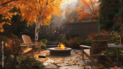 a visually appealing depiction of a tranquil autumn backyard setting, featuring a crackling fire pit and classic Adirondack chairs attractive look
