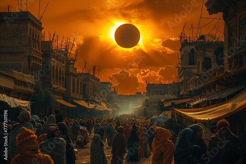 A bustling market street filled with onlookers falls under the spell of a total solar eclipse, the sky ablaze with a mystical sunset.