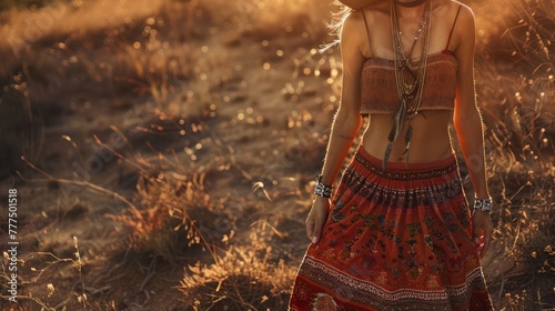 A bohemian-inspired maxi skirt with intricate embroidery and flowing fabric, paired with a cropped top and strappy sandals, accessorized with layered necklaces and a floppy hat