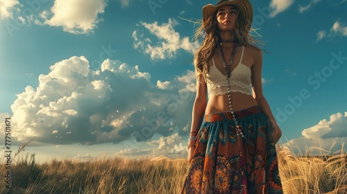 A bohemian-inspired maxi skirt with intricate embroidery and flowing fabric, paired with a cropped top and strappy sandals, accessorized with layered necklaces and a floppy hat, 