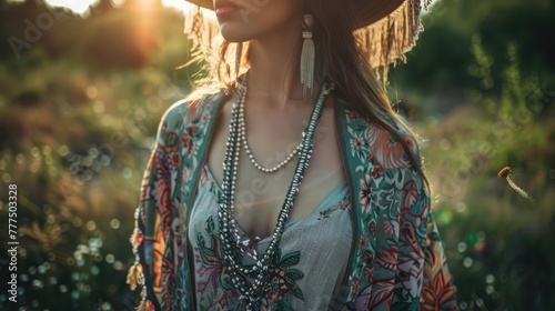 A bohemian-inspired outfit featuring a flowing maxi dress with floral prints, layered with a fringe kimono and accessorized with beaded jewelry and a wide-brimmed hat,