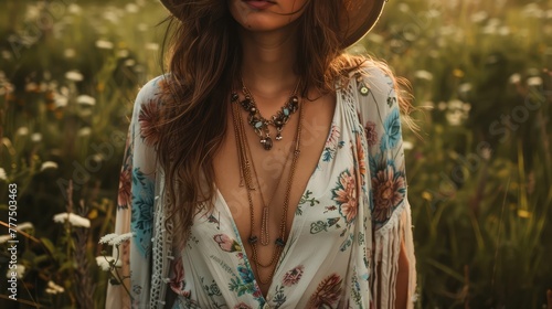 A bohemian-inspired outfit featuring a flowing maxi dress with floral prints, layered with a fringe kimono and accessorized with beaded jewelry and a wide-brimmed hat,