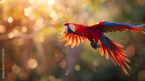 An elegant parrot captured mid-flight, with a blurred background of a sunlit sky, offering a striking contrast and space for messaging