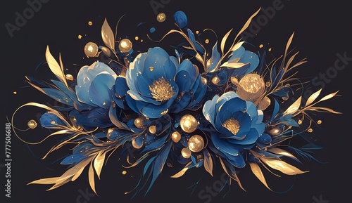 floral bouquet, blue and gold flowers with leaves and golden berries on dark background
