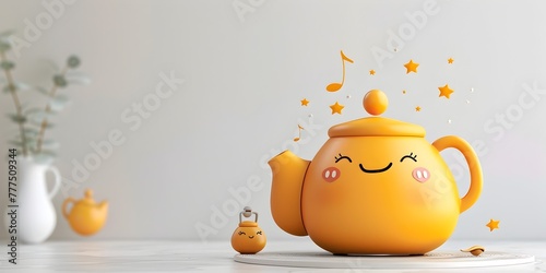 A delightful tea kettle character with a cheerful expression whistling melodious tunes creating a sense of tranquility