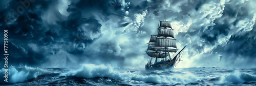sailing ship in the middle of the sea when it is cloudy and lightning