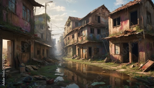 Sunlight bathes a deserted town, its dilapidated buildings reflected in the still waters of a narrow canal.. AI Generation