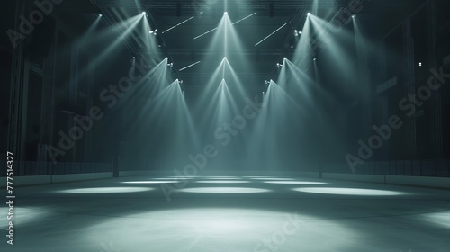 a visually striking scene of an empty ice hockey rink surrounded by powerful spotlights attractive look
