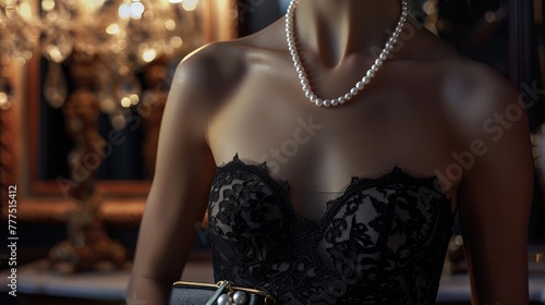 A classic little black dress with a fitted silhouette and delicate lace detailing, accessorized with pearl jewelry and a clutch purse, epitomizing timeless style and sophistication.