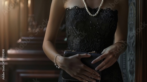 A classic little black dress with a fitted silhouette and delicate lace detailing, accessorized with pearl jewelry and a clutch purse, epitomizing timeless style and sophistication.