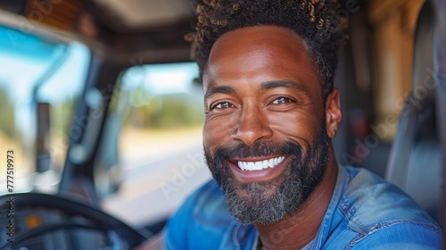 A portrait of a smiling black male truck driver in action, showcasing the joy and satisfaction of life on the road
