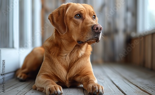 A fawncolored carnivore dog with whiskers is laying on a wooden floor, gazing up. Dogs are loyal companion animals and can also be trained as working animals