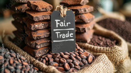 stacked chocolate bars with a "Fair Trade" label in the foreground. Coffee beans background. Concept: fair trade of ethically produced products, supporting sustainable production.