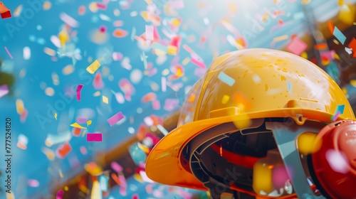 Yellow construction helmet with earmuffs amid falling confetti