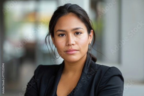 Confident Latin businesswoman wearing business suit in office workspace. Successful female business person portrait