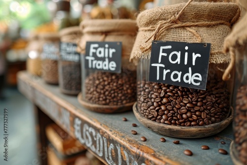 coffee beans on a wooden beam with "Fair Trade" signs.