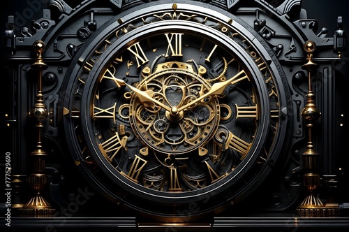 classic clock with intricate gold detailing and Roman numerals is displayed prominently