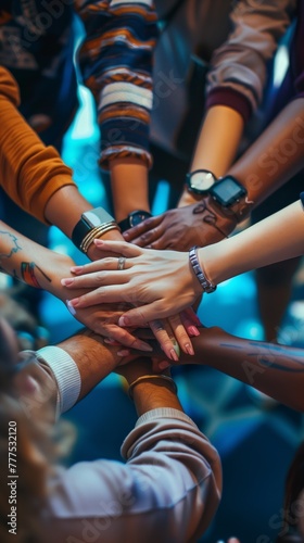 Diverse group of people stacking hands in a symbol of unity