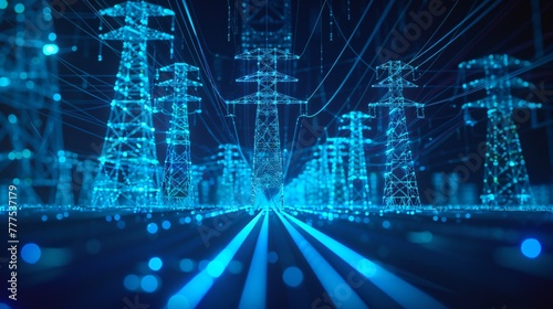 Transmission line silhouettes outlined by a futuristic blue tech background showcasing the intersection of energy and technology