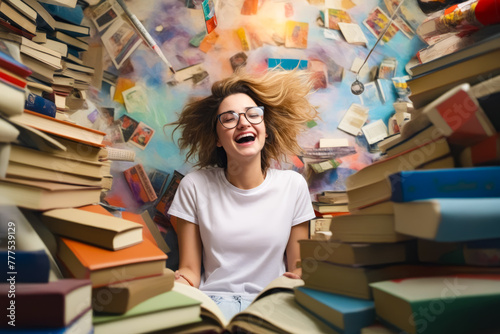 Woman with glasses is sitting in front of pile of books.