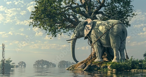 3D realistic style, large elephant standing by a tree with a thin rope tied around its legs
