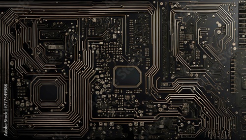 Close up of a black high tech circuit board background illustration. AI generated.