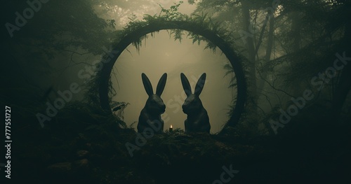 90's photo of three hares in a circle formation in a foggy dense forest