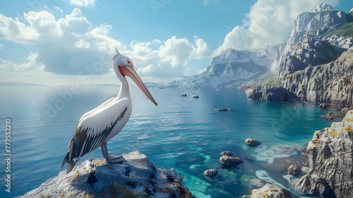 Regal pelican standing tall on a rocky shoreline, framed by rugged cliffs and a serene, azure ocean stretching to the horizon