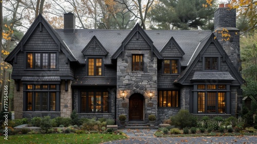 Exterior Tudor house styles are characterized by steeply pitched roofs, decorative half-timbering, and brick or stucco exteriors, exuding timeless charm. 