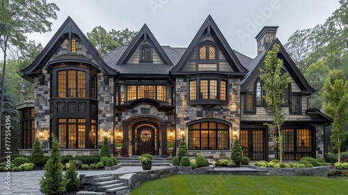 Exterior Tudor house styles feature steeply pitched roofs, decorative half-timbering, brick or stone accents, and casement windows. 