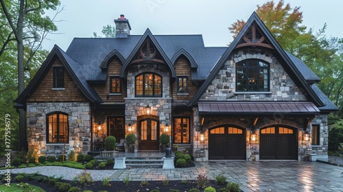 Exterior Tudor house styles boast timber framing, steep gabled roofs, and intricate brickwork, evoking old-world charm and character. 