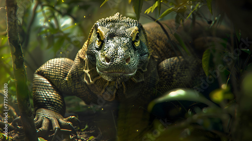 Stealthy Komodo dragon slinking through the underbrush, blending seamlessly with its environment
