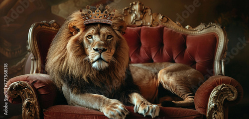 A lion, adorned in a resplendent crown, reclines on a luxurious armchair, exuding power and elegance as it stares directly into the camera lens