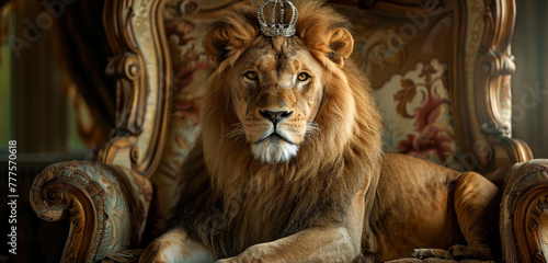 With elegance befitting a monarch, a lion sits serenely on an ornate armchair, its crown adding to its majestic demeanor as it stares directly into the camera