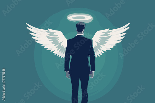 Businessman with angel wings and halo promoting ethical business practices, integrity, honesty, and transparency in corporate culture