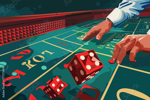 Daring businessman rolls the dice on a craps table, embracing risk and gambling on chance, a concept of business probability and potential rewards