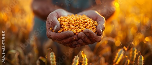 Farmers hands harvesting soybeans in a soybean farm with blurred background. Concept Agriculture, Soybean Farm, Harvesting, Farmers, Rural Life