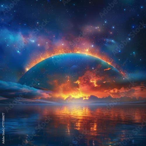 brightly-colored rainbow on fire over a cool blue laguna photo starry sky background