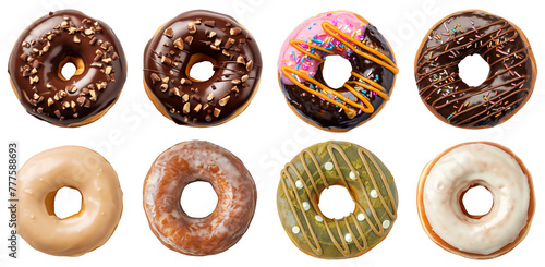 Variety of different flavored donuts, isolated against a transparent background, top down view