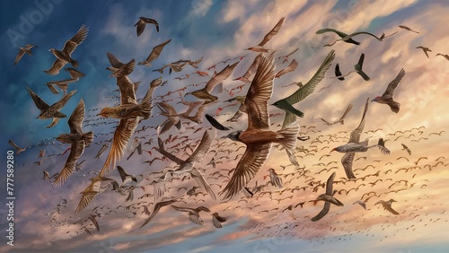 An expansive view of a flock of birds soaring through the sky, with diverse species