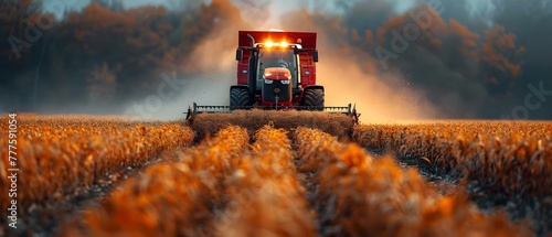 Unloading freshly harvested corn or soybeans into container trailer in the morning. Concept Agricultural Activity, Harvest Season, Farming Update, Morning Routine, Crop Transportation