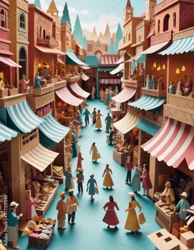A charming, bustling miniature market town captured in vivid detail and vibrant colors