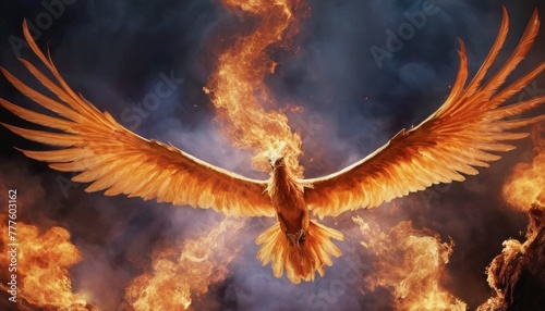 A magnificent phoenix spreads its fiery wings amidst a blazing inferno, symbolizing rebirth and immortality in a dramatic, mythical display.