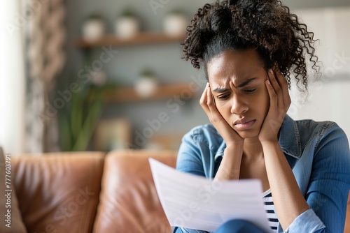 A person having a headache because of financial problem / debt looking at bills
