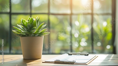 The clipboard with the succulent plant positioned near a window, with natural light streaming in.