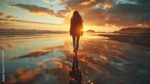 young woman finds inner peace while walking alone on the peaceful beach, surrounded by the beauty of nature