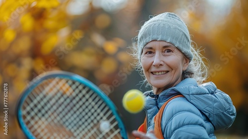 happy senior woman finds fulfillment in playing tennis during active retirement as recreational activity