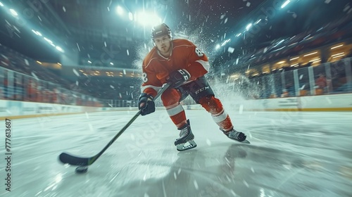 the hockey player executes precise movements with the puck, resulting in breathtaking motion blur visuals on the frozen arena