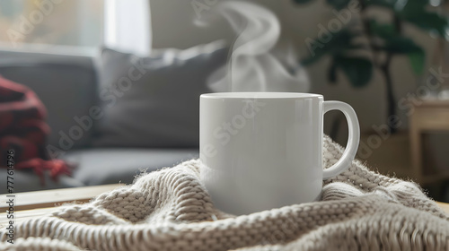mockup white mug closeup with daylight on a light background with copy space